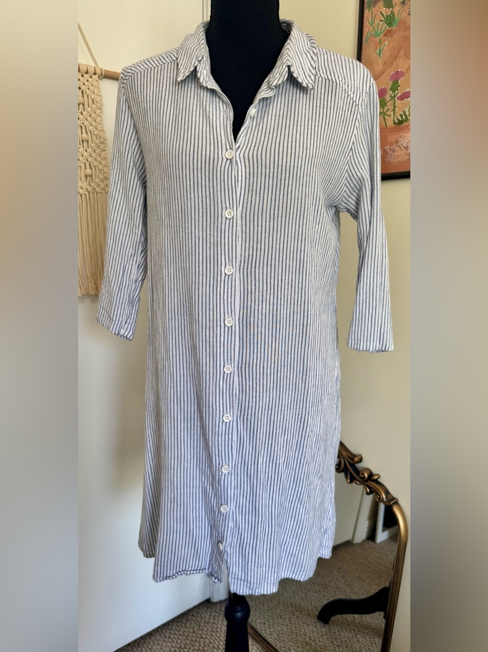 APNY Blue & White Striped Midi Shirt Dress